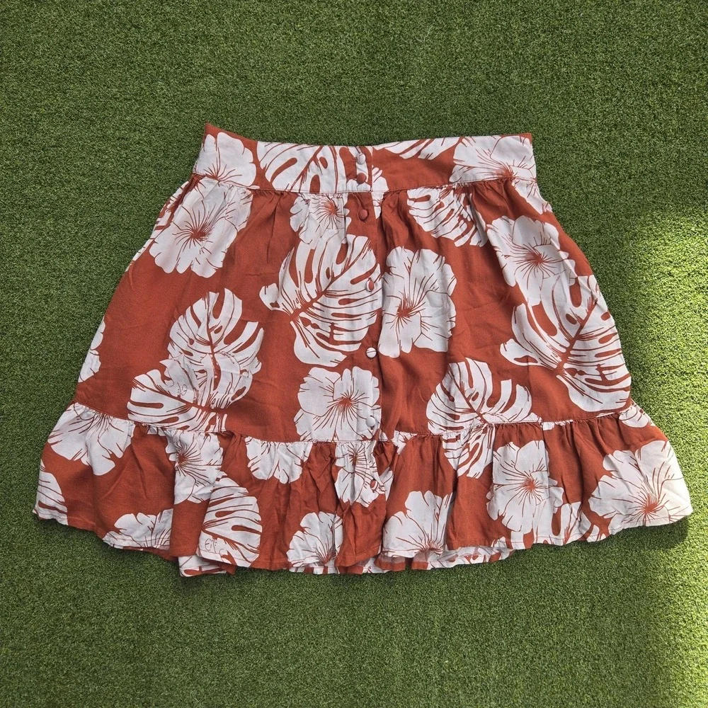 Women High Waisted Floral Mini Skirt Rust Orange white S - Picture 3 of 12